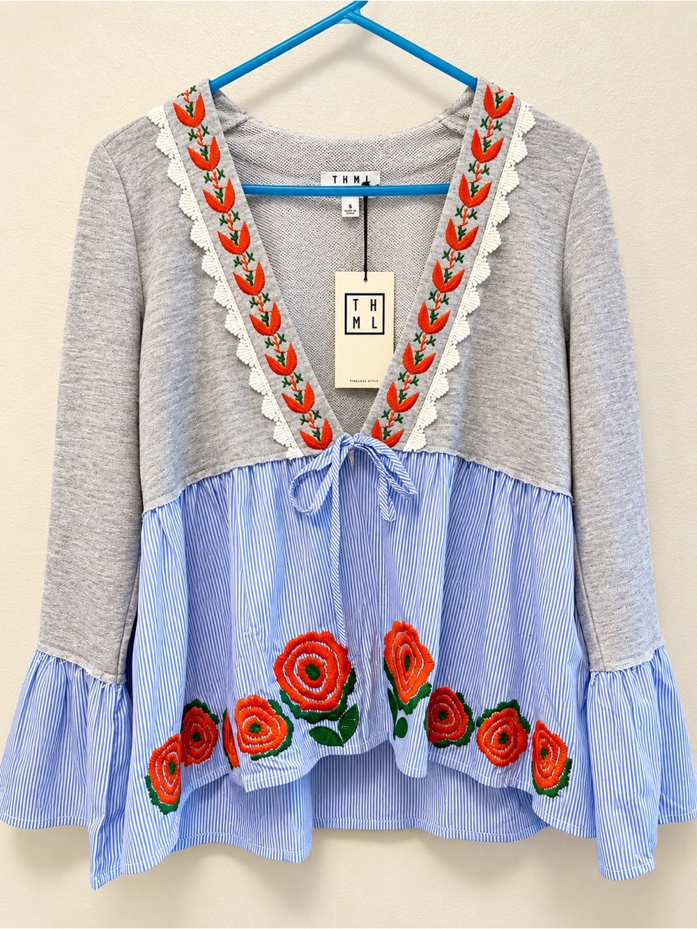 THML Girls' Blue & Gray Embroidered Floral V-Neck Top